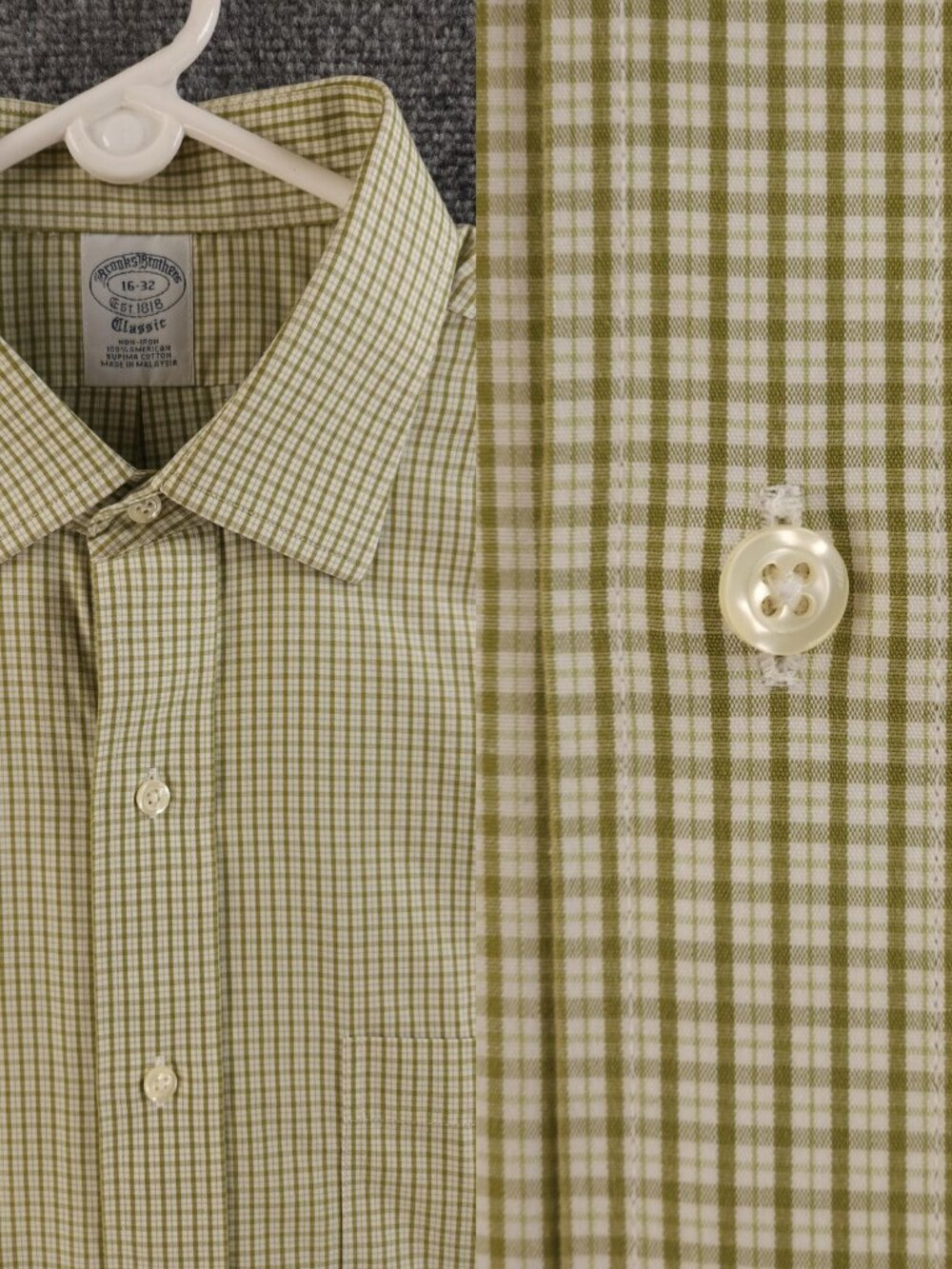 Brooks Brothers Cotton Supima Classic Check 16 32 Non-Iron Green Shirt Mens